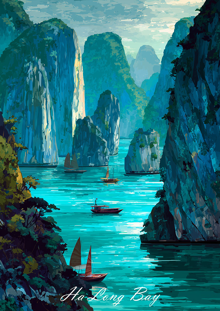 Dramatic artwork of Ha Long Bay featuring limestone karsts and tranquil waters.